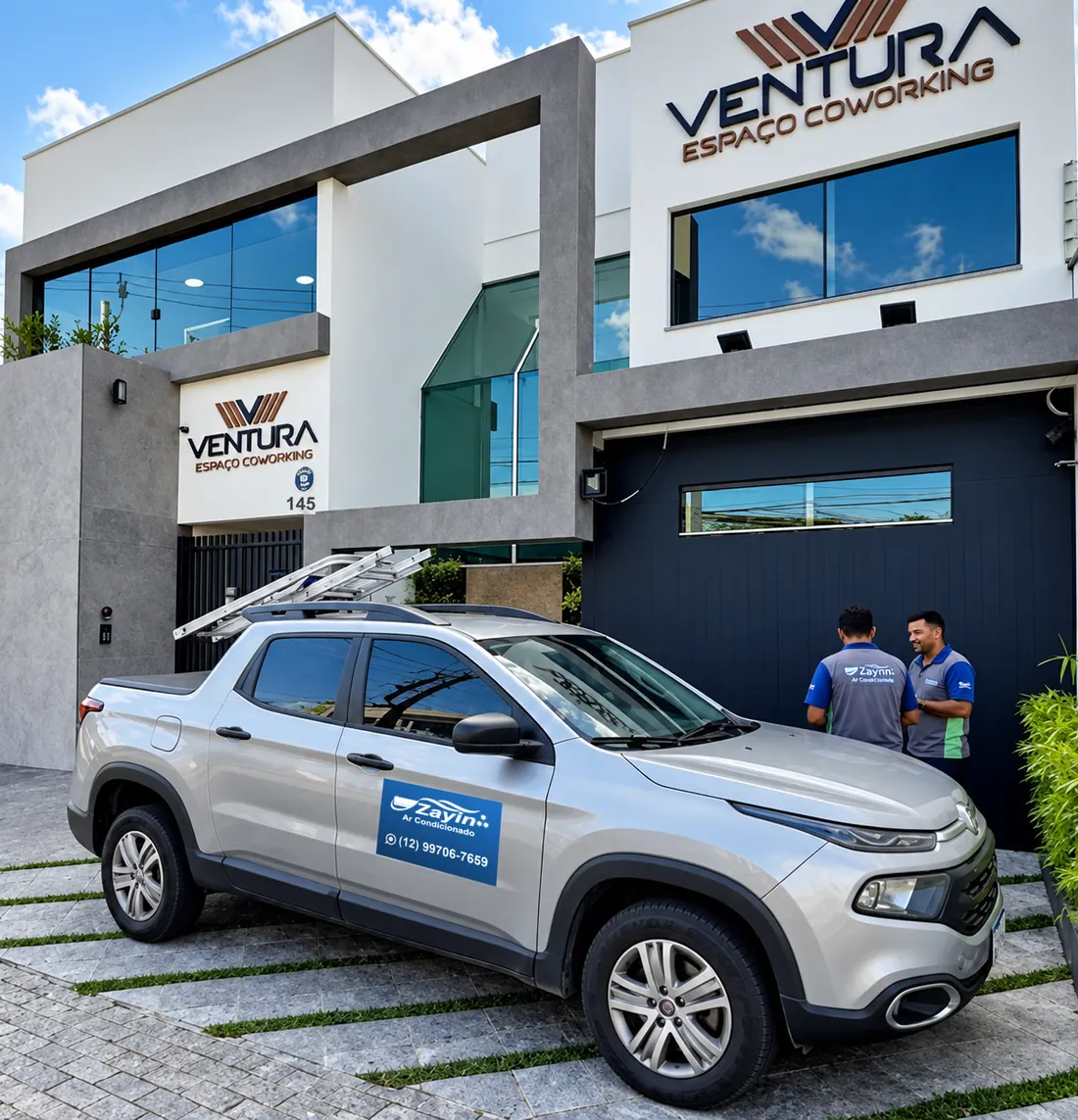 Picape e equipe da Zayin em frente ao Espaço Ventura, onde fica a unidade de Jacareí